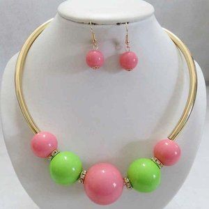 Gold Necklace with Pink and Green Balls Set